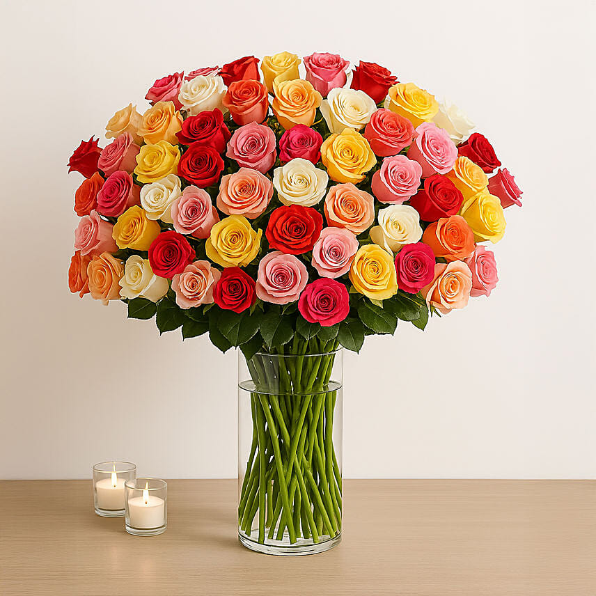 Bunch of 100 Mixed Roses In Glass Vase: Thinking of You Flowers