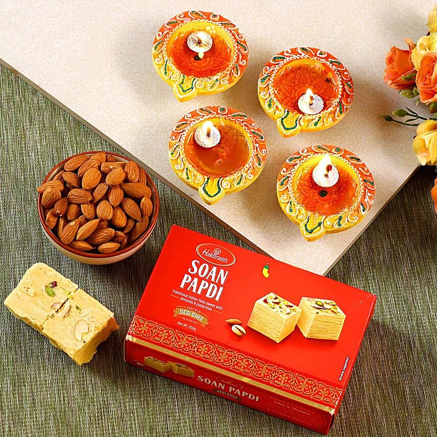 Designer Diwali Diyas With Almonds And Soan Papdi: Sweets 