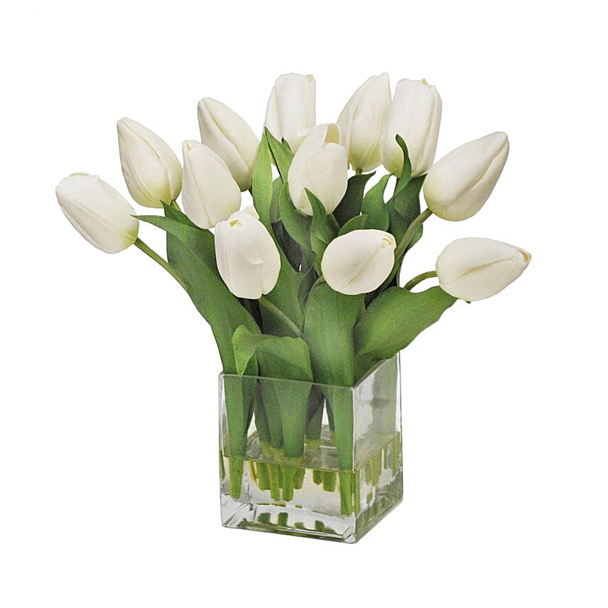 Peaceful White Tulips Square Glass Vase: Flower Arrangements