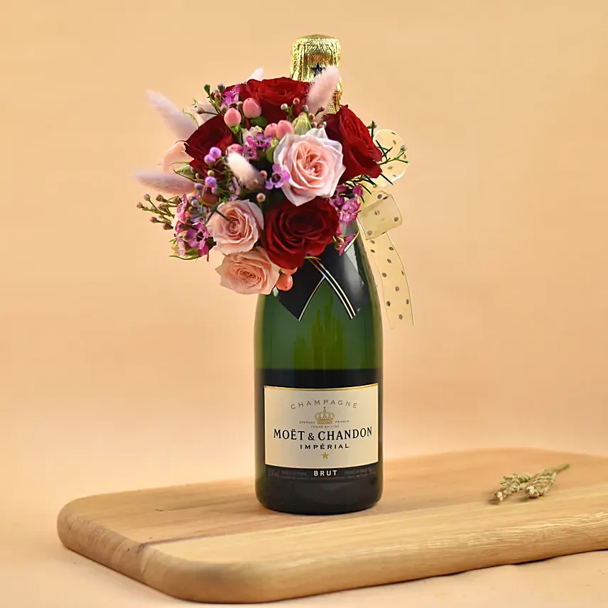 Champagne & Mixed Roses Combo: Flowers with Wine