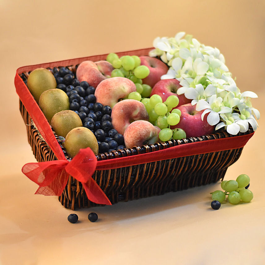 Dendrobium & Mixed Fruits Rectangular Basket: Fruit Baskets
