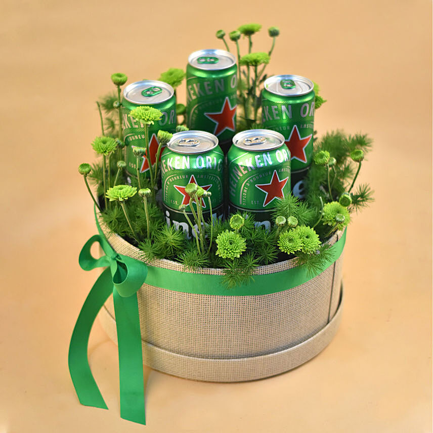 Green Button & Heineken Beer Round Gift Box: Flower Boxes Singapore