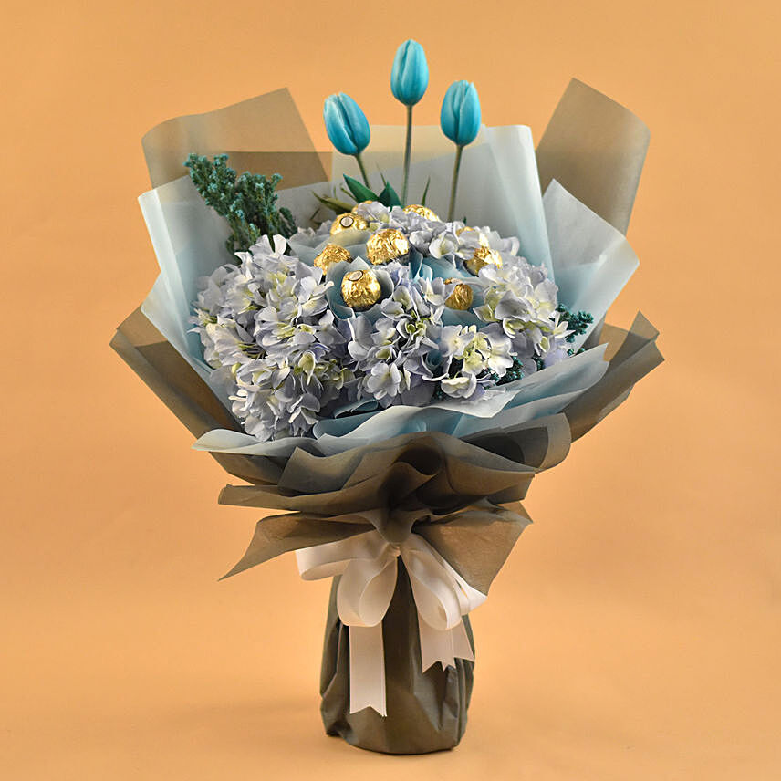 Lovely Mixed Flowers & Ferrero Rocher Bouquet: Flower and Chocolates For Anniversary