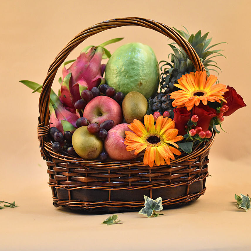 Mixed Flowers & Assorted Fruits Brown Basket: Love Gifts for Couples