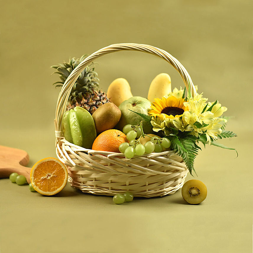 Mixed Flowers & Assorted Fruits Oval Basket: Ramadan Hampers