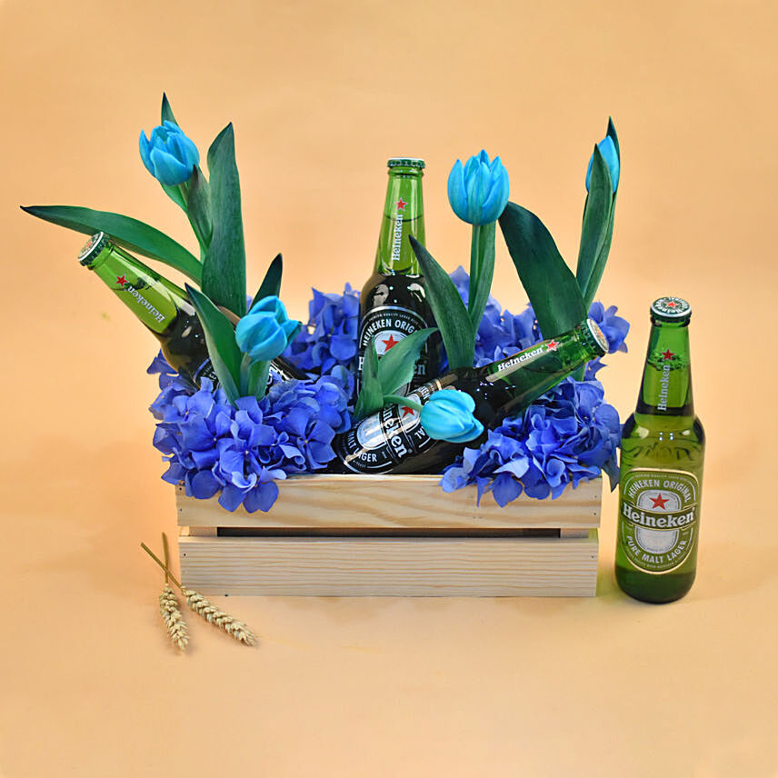 Mixed Flowers & Beer Wooden Crate: Flowers And Wine Delivery