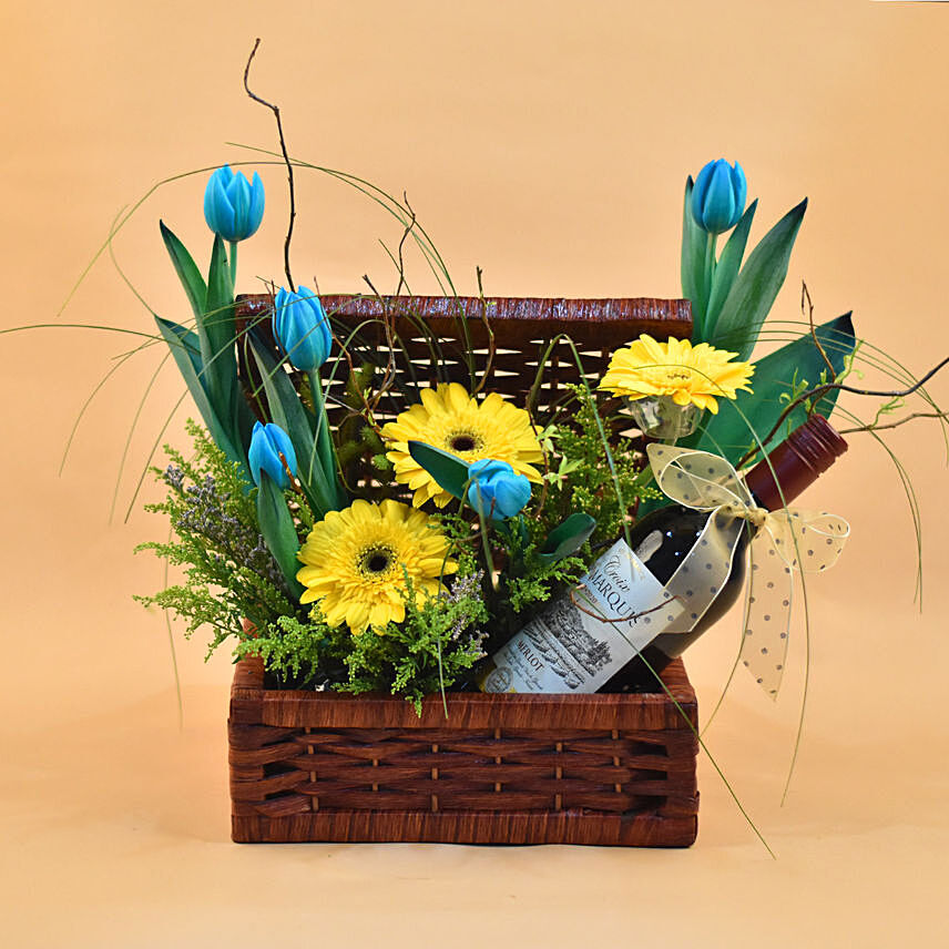 Mixed Flowers & Red Wine Box Basket: Flower Bouquet with Wine