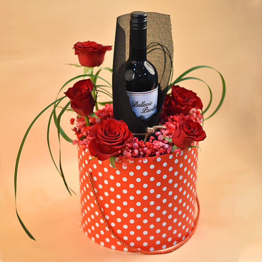 Mixed Flowers & Red Wine Gift Box: Flowers in a Box