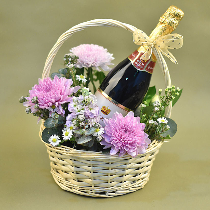 Mixed Flowers & Sparkling Juice Basket: Flower Bouquet with Wine