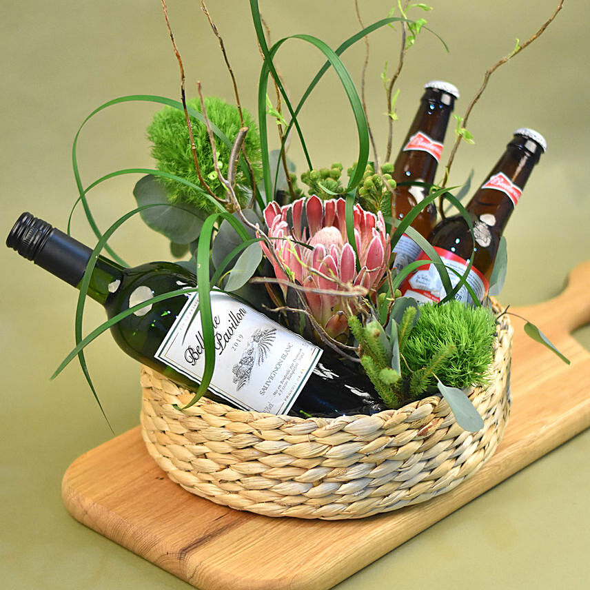 Mixed Flowers & Wine Basket: Flower Baskets