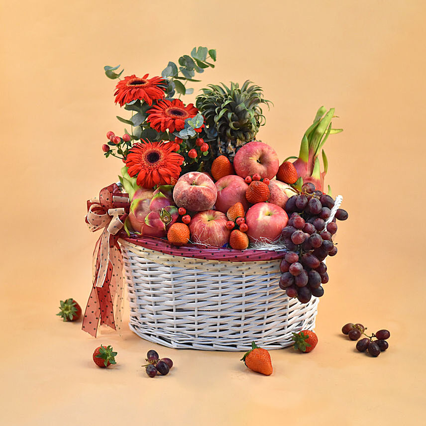 Mixed Red Flowers & Assorted Fruits Oval Basket: Anniversary Flowers
