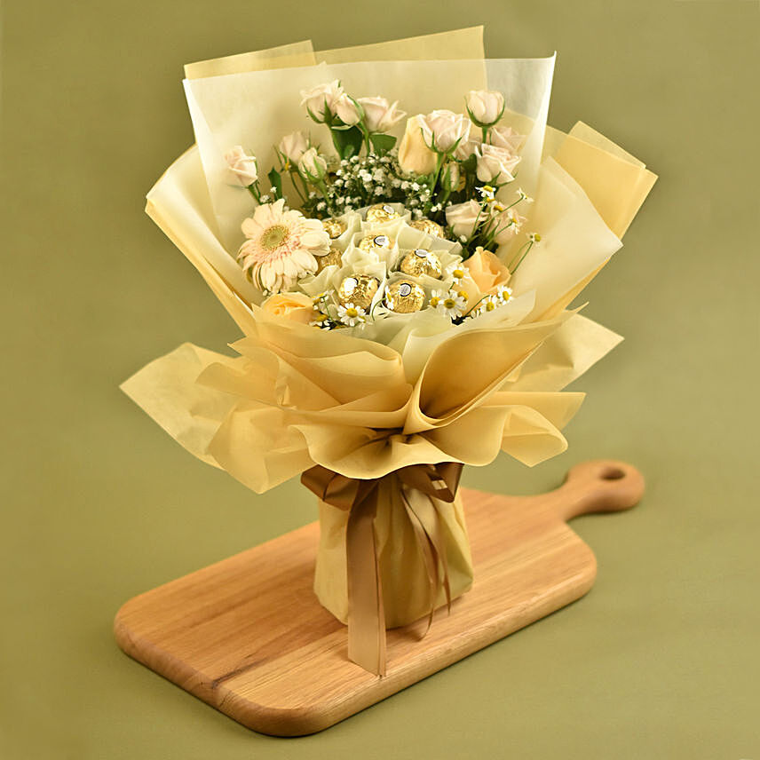 Serene Mixed Flowers & Ferrero Rocher Bouquet: For Anniversary
