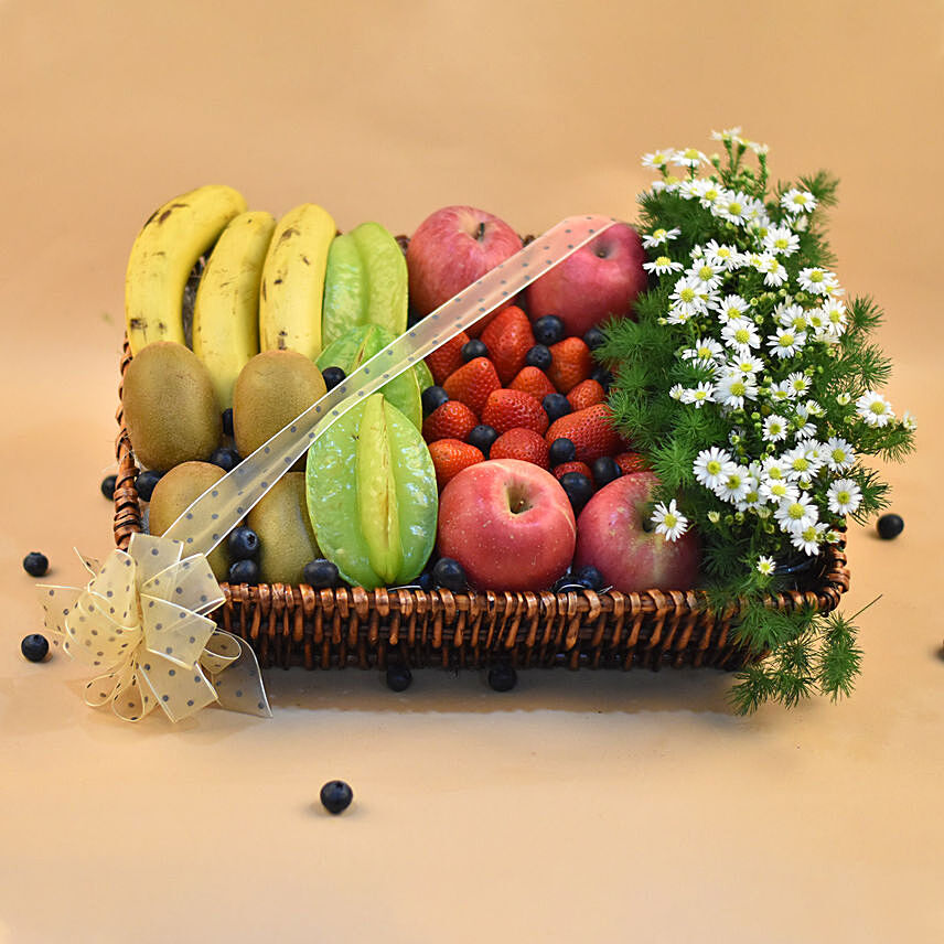 White Phoneix & Assorted Fruits Basket: Romantic Gifts