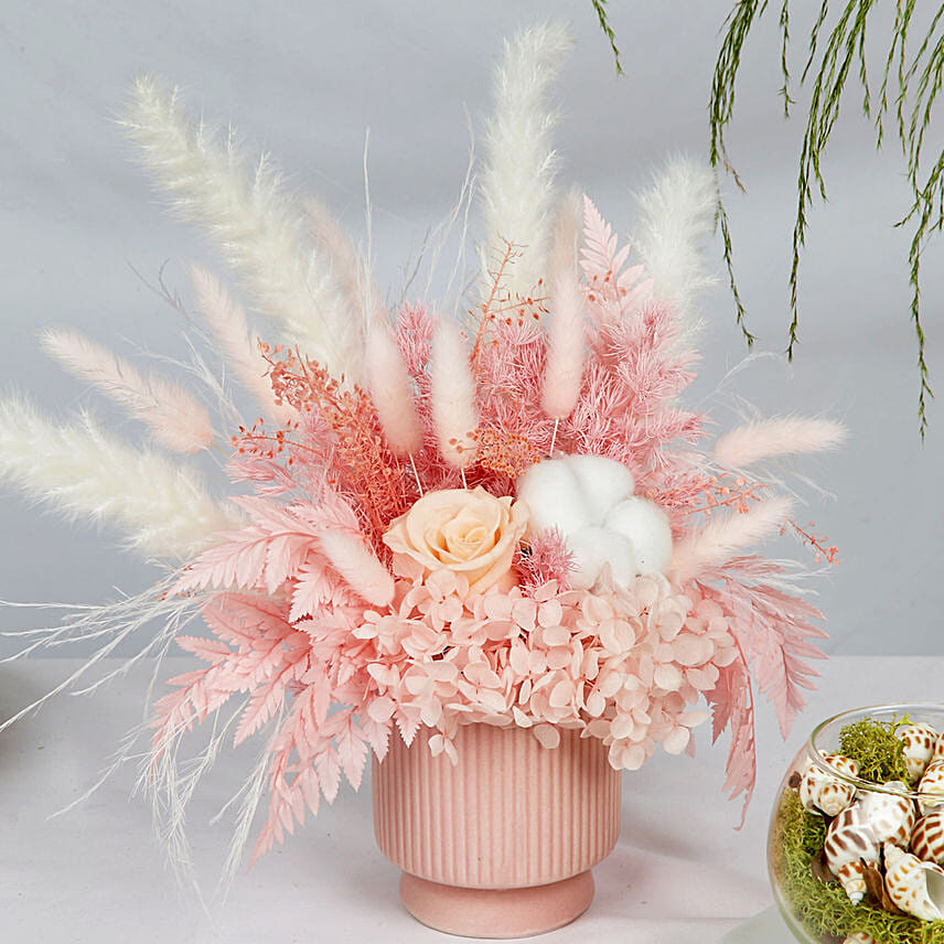 Alluring Mixed Preserved Flowers Designer Vase: Cotton Flowers