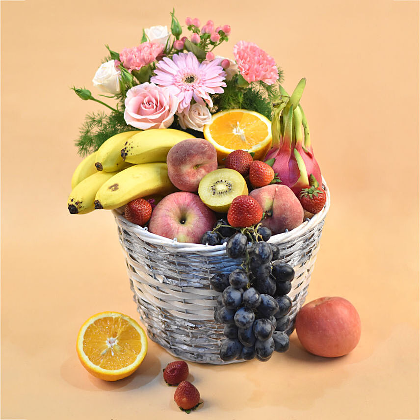 Assorted Fruits & Mixed Flowers Basket: Gift Hamper Delivery