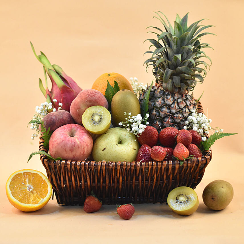 Assorted Fruits Rectangular Basket: Orange Gift Baskets