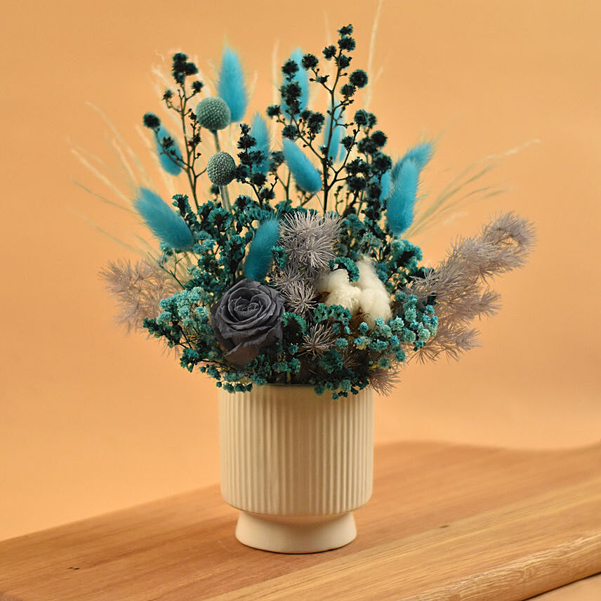 Blissful Mixed Preserved Flowers Designer Vase: Cotton Flower Bouquet	