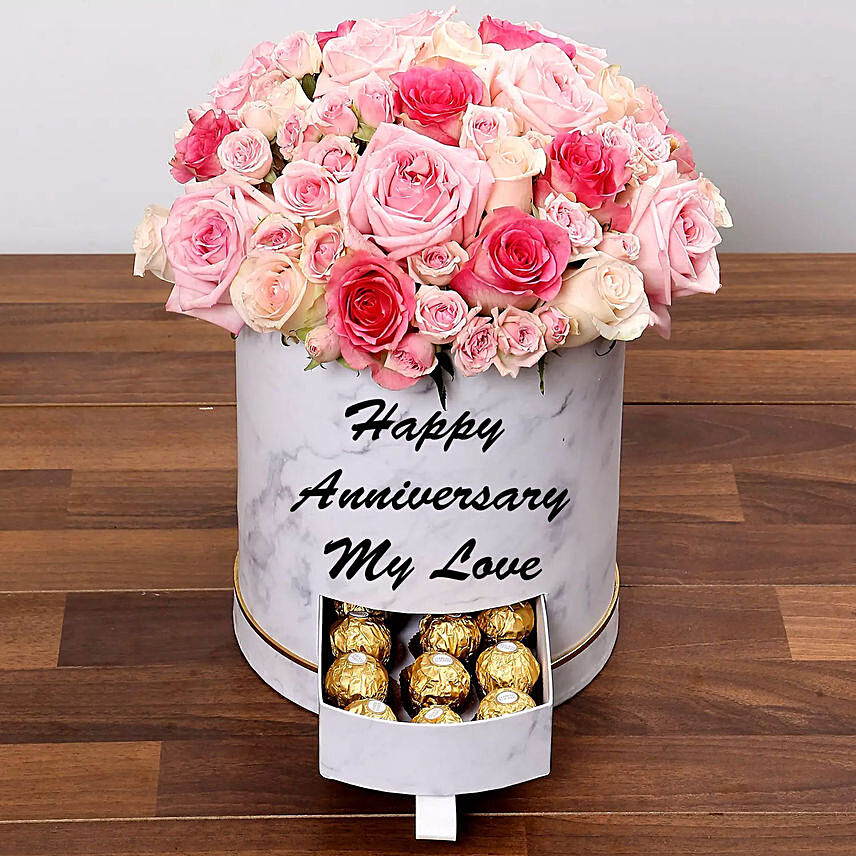 Stylish Box Of Pink Roses and Chocolates in White Box: Personalised Anniversary Gifts