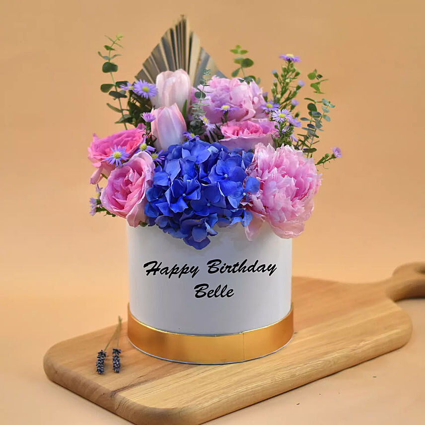 Alluring Mixed Flowers in White Box: Personalised B'day Gift Ideas