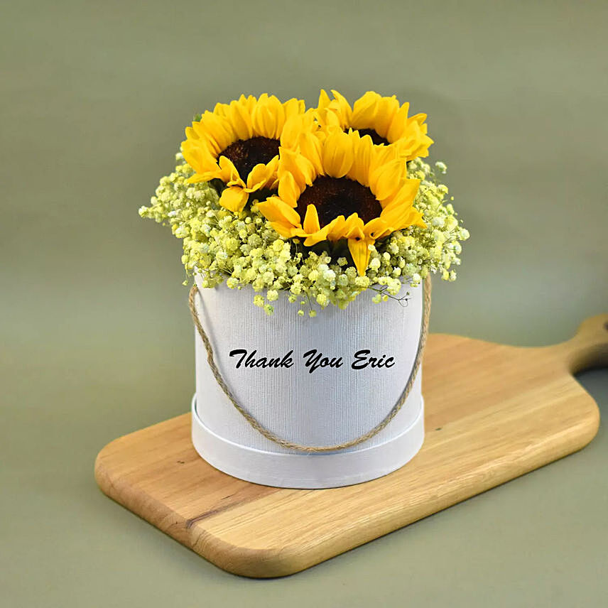 Cheerful Sunflowers & Baby Breath in Box: Personalised Birthday Gifts