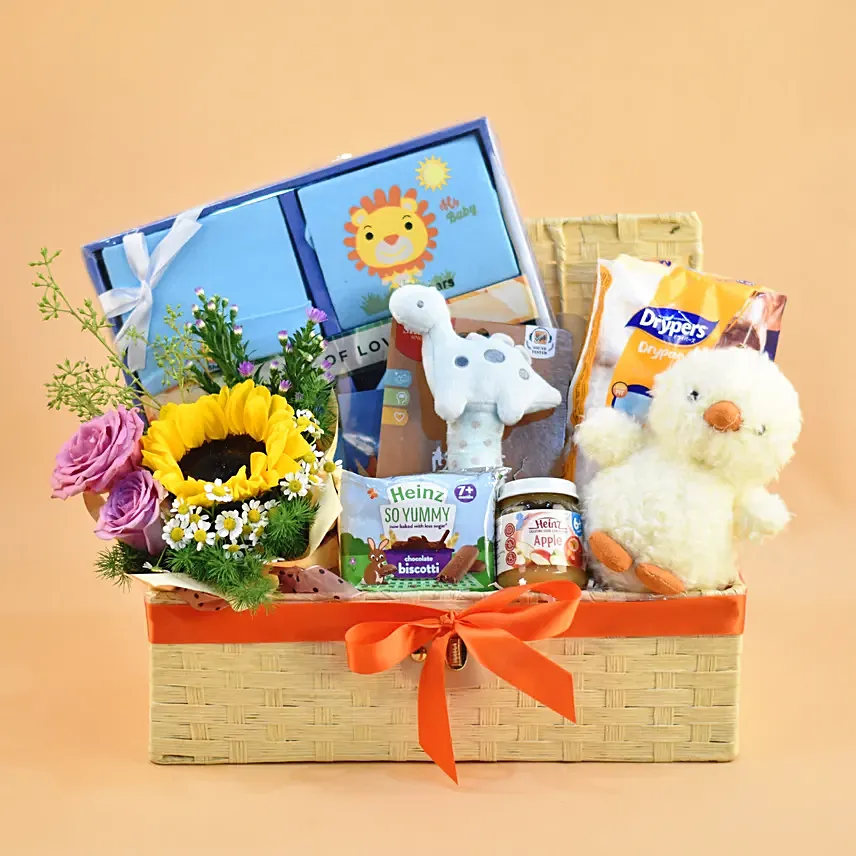 Light Yellow Straw Basket Baby Care Hamper: Hampers Singapore