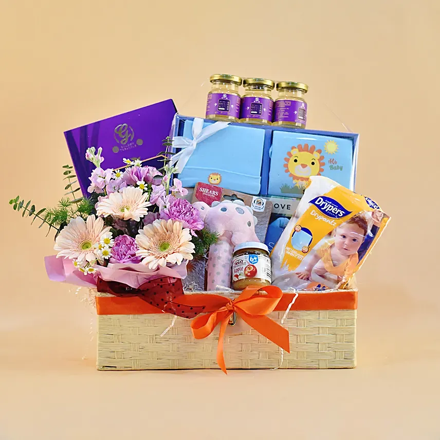 Light Yellow Straw Basket Baby Hamper: Baby Shower Gifts Singapore