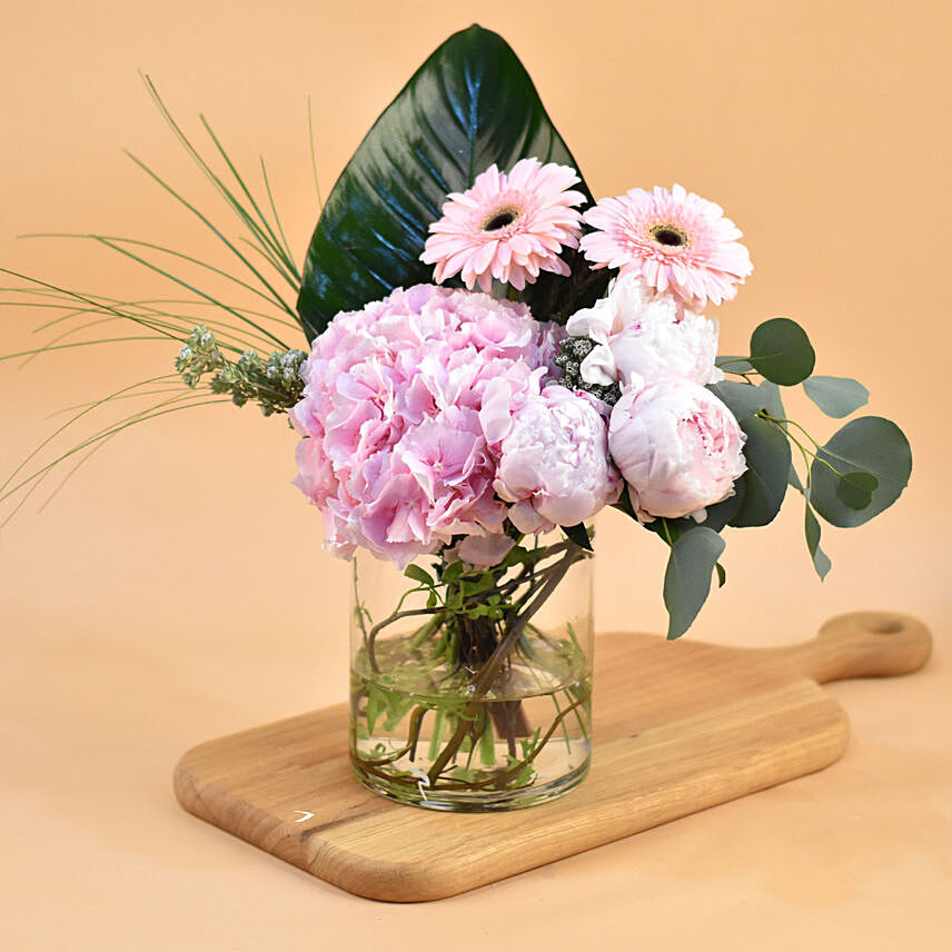 Serene Mixed Flowers Cylindrical Vase: Peonies Flowers
