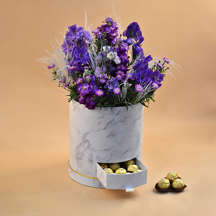 Blissful Mixed Flowers Round Box: Purple Floral Bouquets