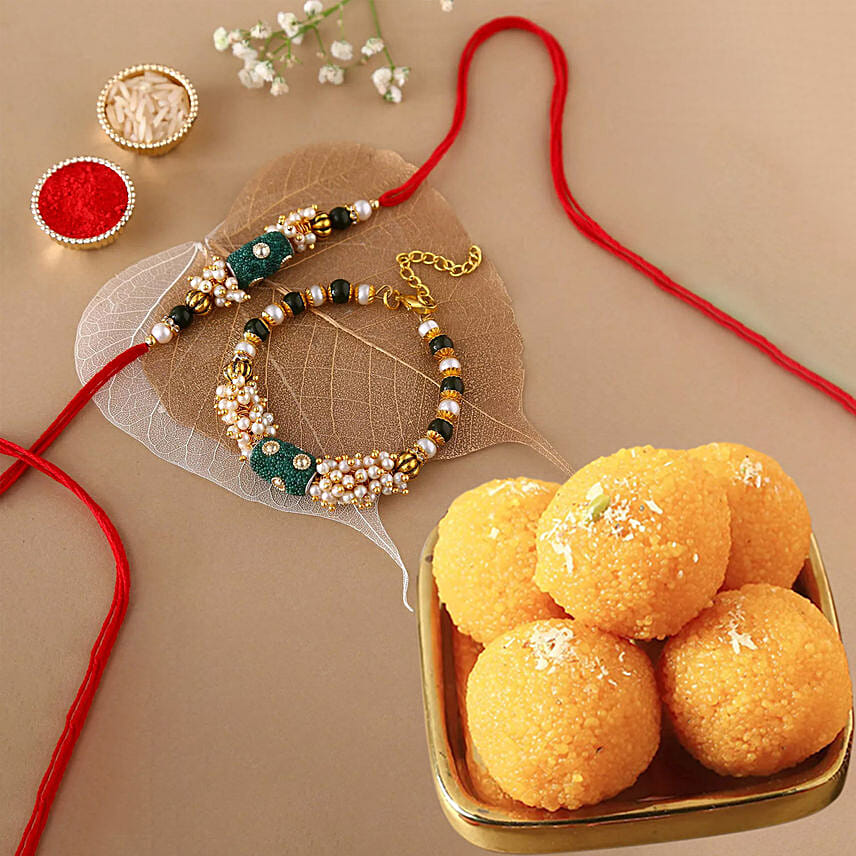 Sneh Pearl Bhaiya Bhabhi Rakhi Set with Motichoor Laddoo: Set Of-2 Rakhi