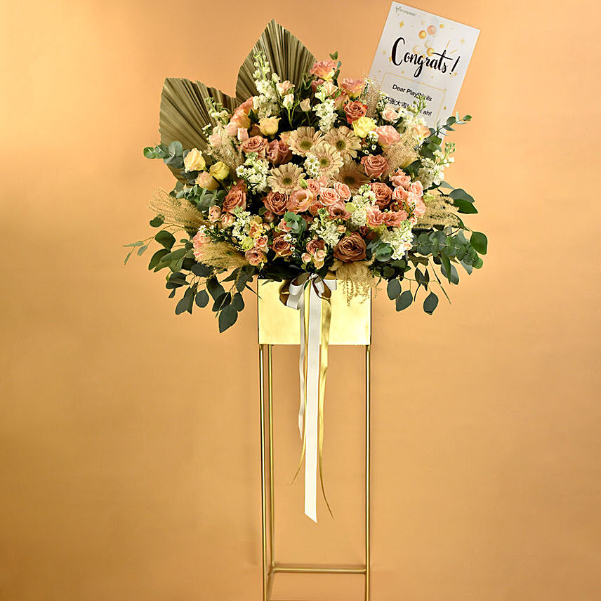 Blissful Mixed Flowers Golden Stand: Congratulations Flower Stand