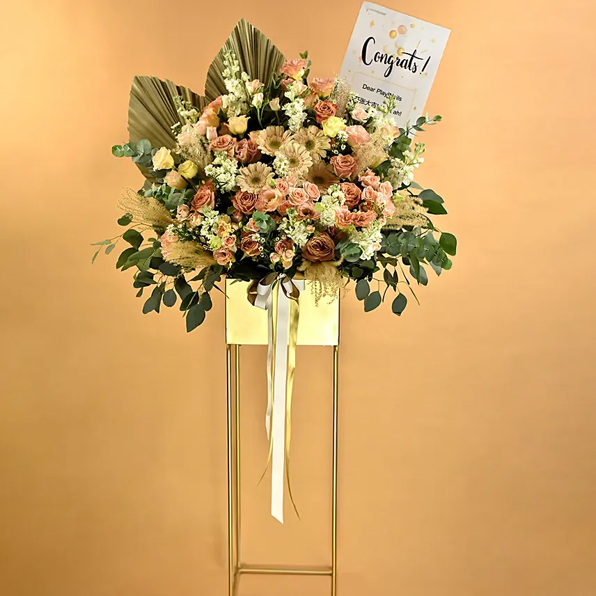 Blissful Mixed Flowers Golden Stand: Grand Opening Flowers