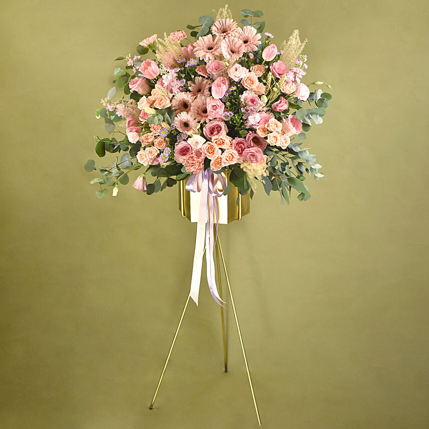 Blooming Pink Flowers Tripod Stand: Grand Opening Flowers