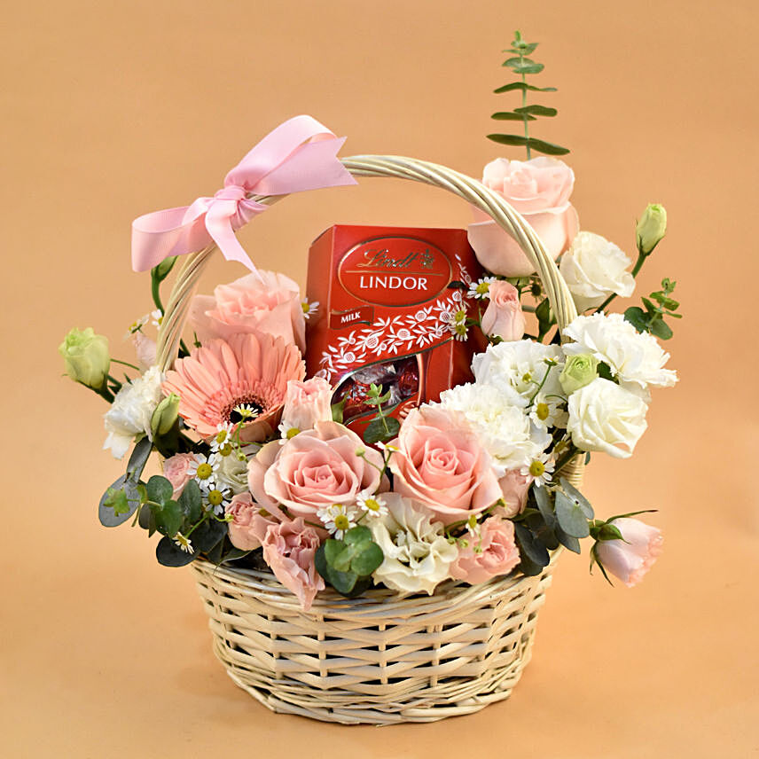 Elegant Flowers & Lindt Chocolate Willow Basket: Valentines Gifts 