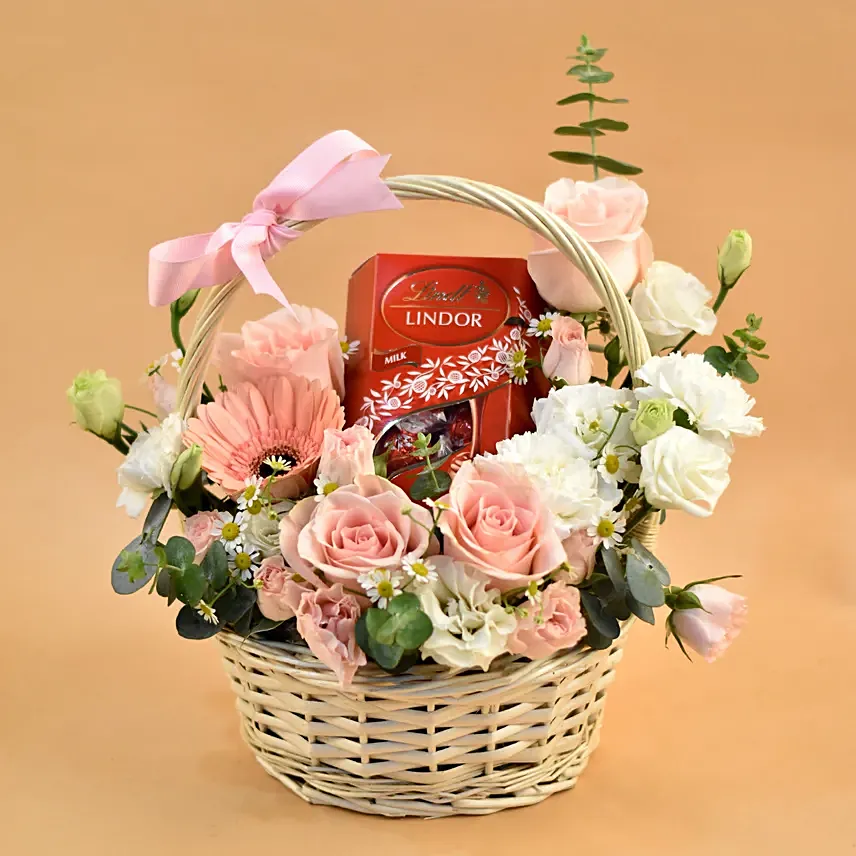 Elegant Flowers & Lindt Chocolate Willow Basket: Girlfriends Day Gifts 