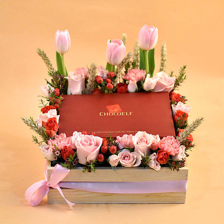 Exotic Flowers & Chocolates Wooden Crate: Flowers N Chocolates 
