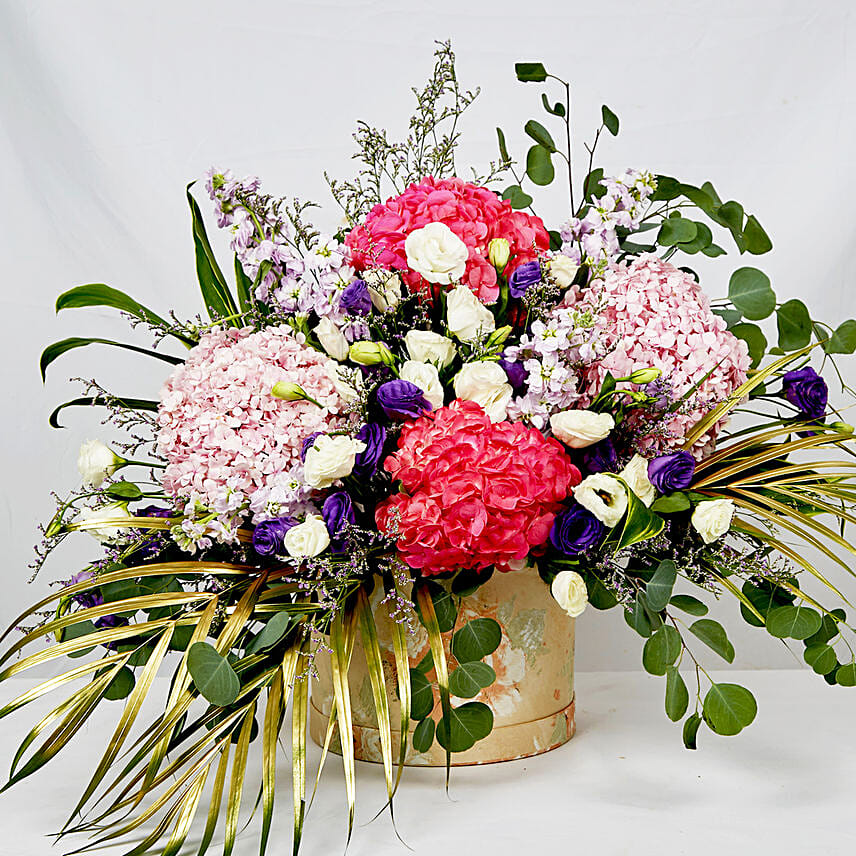 Exotic Mixed Flowers Circular Box: Flower Arrangements in Vase