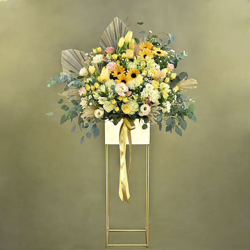 Graceful Mixed Flowers Golden Stand: Congratulations Flower Stand