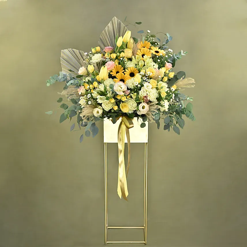 Graceful Mixed Flowers Golden Stand: Flower Arrangements in Vase