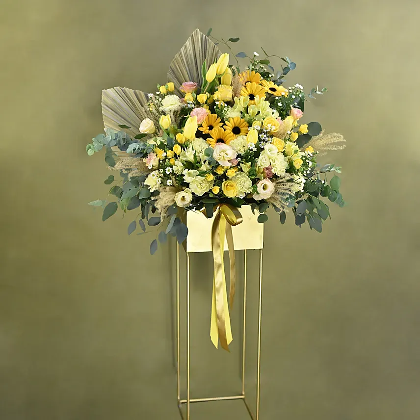 Graceful Mixed Flowers Golden Stand: Grand Opening Flowers