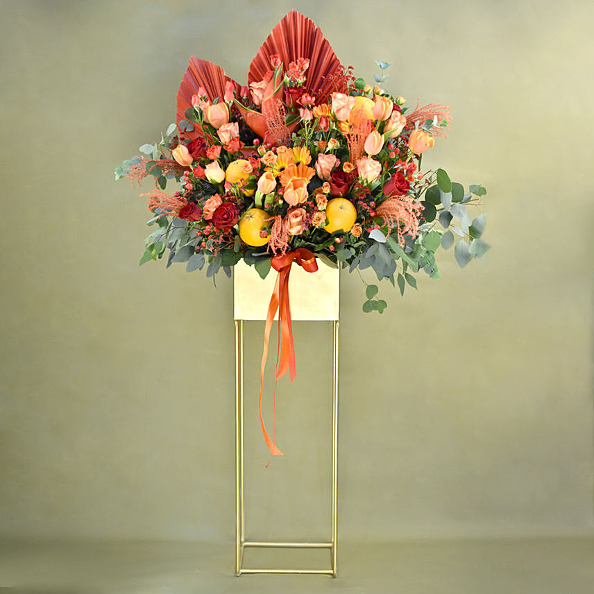 Heavenly Mixed Flowers Golden Stand: Flower Arrangements