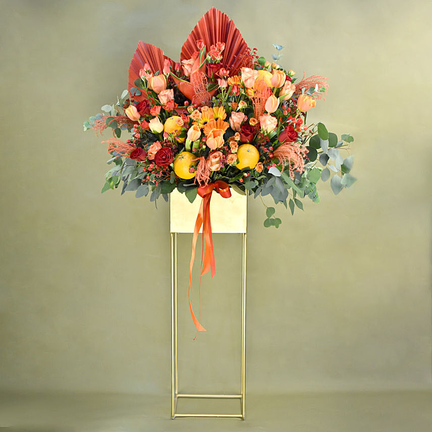 Heavenly Mixed Flowers Golden Stand: Premium Flowers