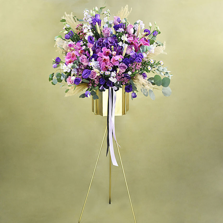 Mesmerising Purple & Pink Flowers Tripod Stand: congratulation flower stand