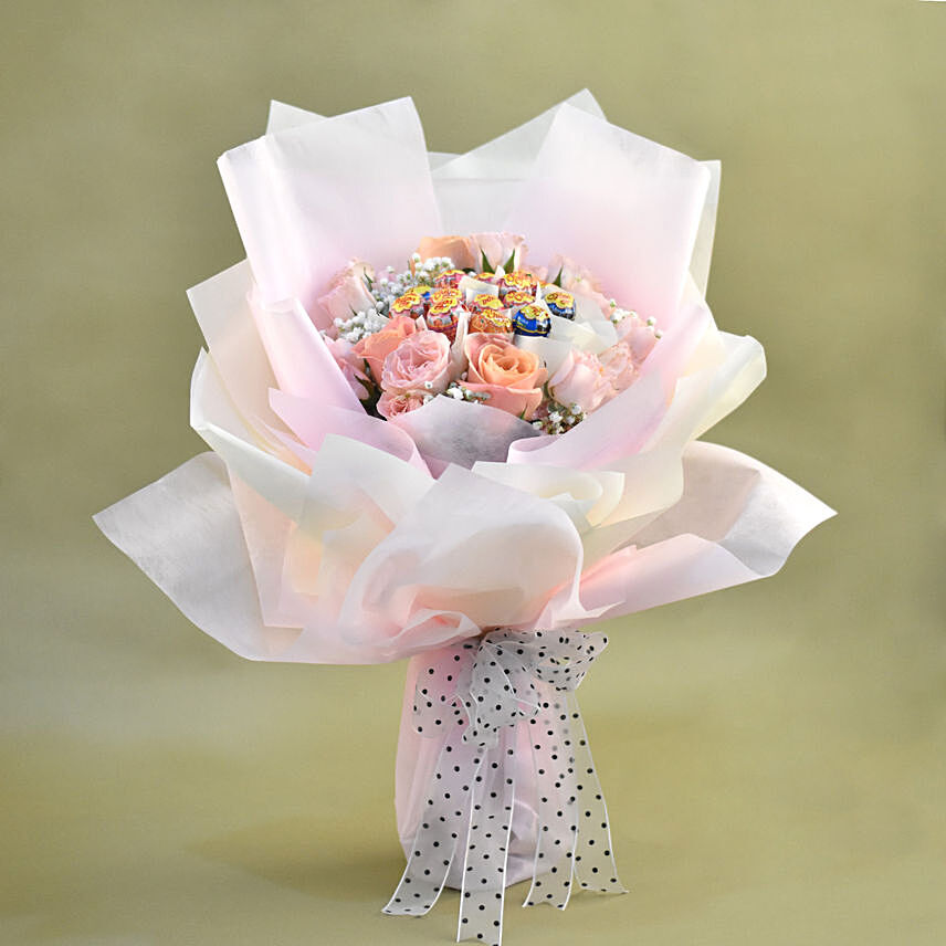 Pink Spray Roses & Chupa Chups Bouquet: Flower and Chocolates For Anniversary