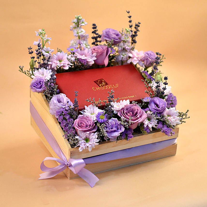 Enchanting Flowers & Chocolates Wooden Crate: For Anniversary