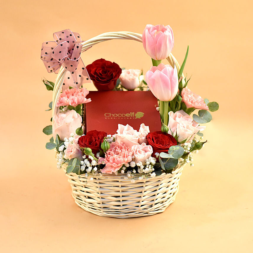 Mixed Flowers & Chocolates Willow Basket: Flower and Chocolates For Anniversary