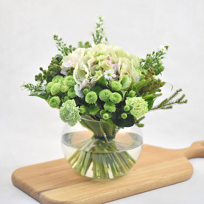 Serene Mixed Flowers Fish Bowl Vase: Birthday Flower Arrangements