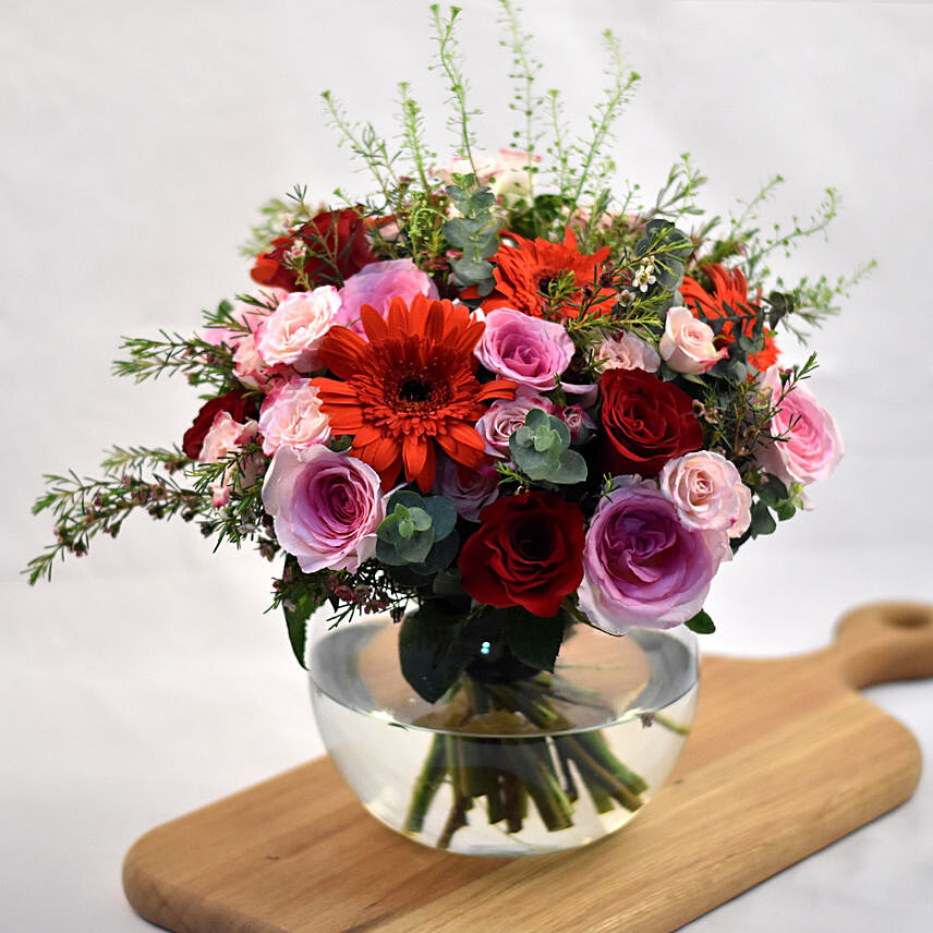 Alluring Mixed Flowers Fish Bowl Vase: Birthday Flower Arrangements