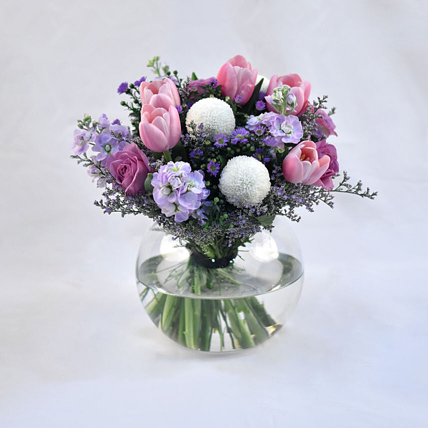 Blissful Flowers Fish Bowl Vase: Tulips Bouquet