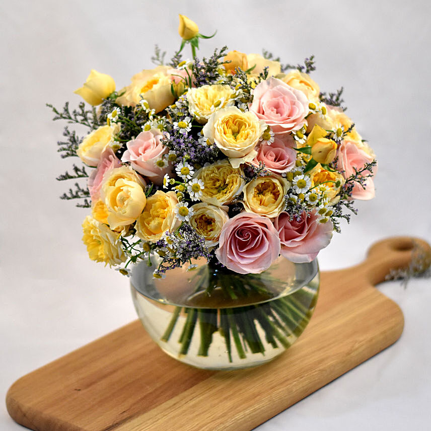 Elegant Mixed Flowers Fish Bowl Vase: Rose Bouquet For Birthday
