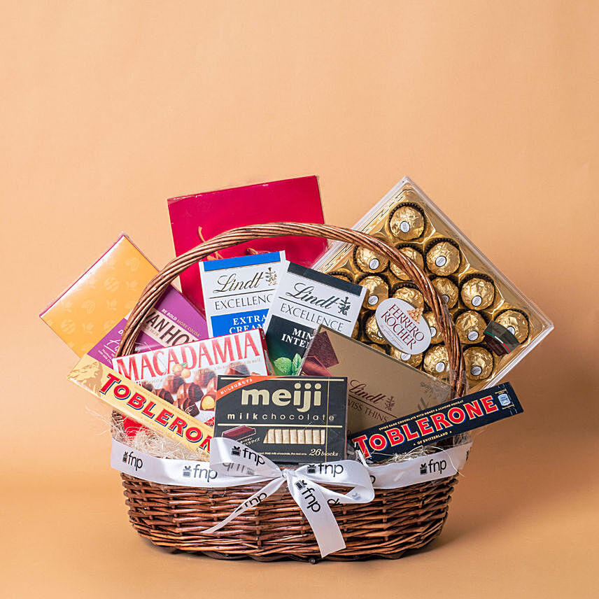 Exotic Chocolates Brown Willow Basket: Girlfriends Day Gifts 